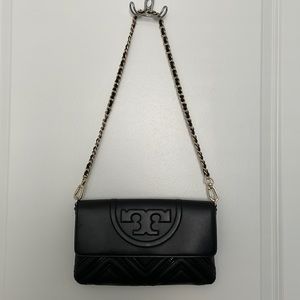Tory Burch black leather purse with detachable gold chain